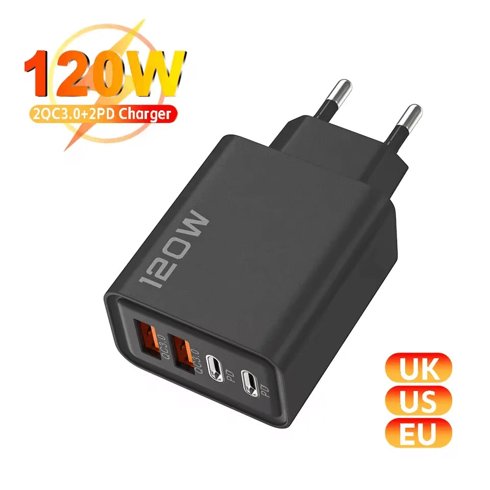 4 Port USB Charger Total 120W Type C Fast Charge Mobile Phone Adapter